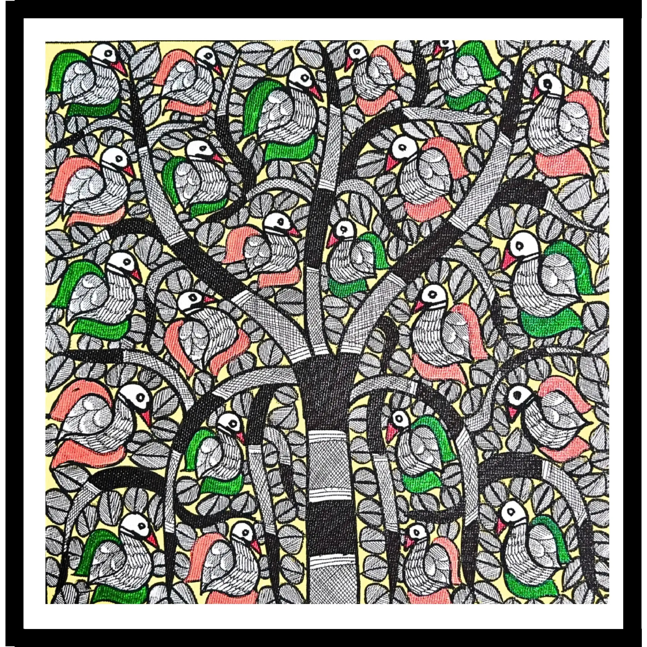 Handmade Madhubani Painting of Tree of Life with Colorful Birds